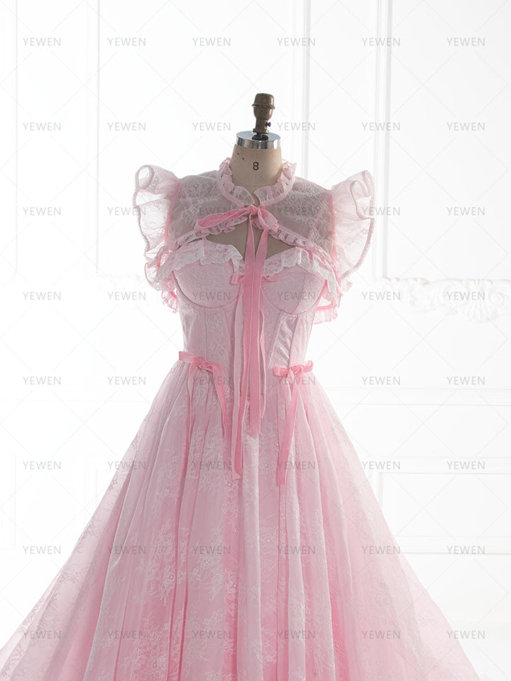 Pink Lace Princess Dress with Adjustable Train Elegant Fairytale Ball Gown YW260240