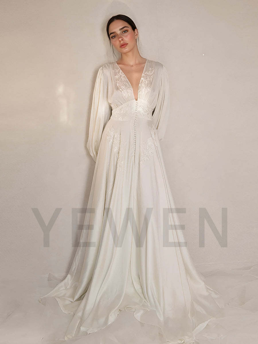 A line Long Sleeves Boho Wedding Dress Bridal Silk Gown Silk Dress
