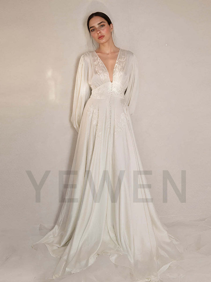 A line Long Sleeves Boho Wedding Dress Bridal Silk Gown Silk Dress