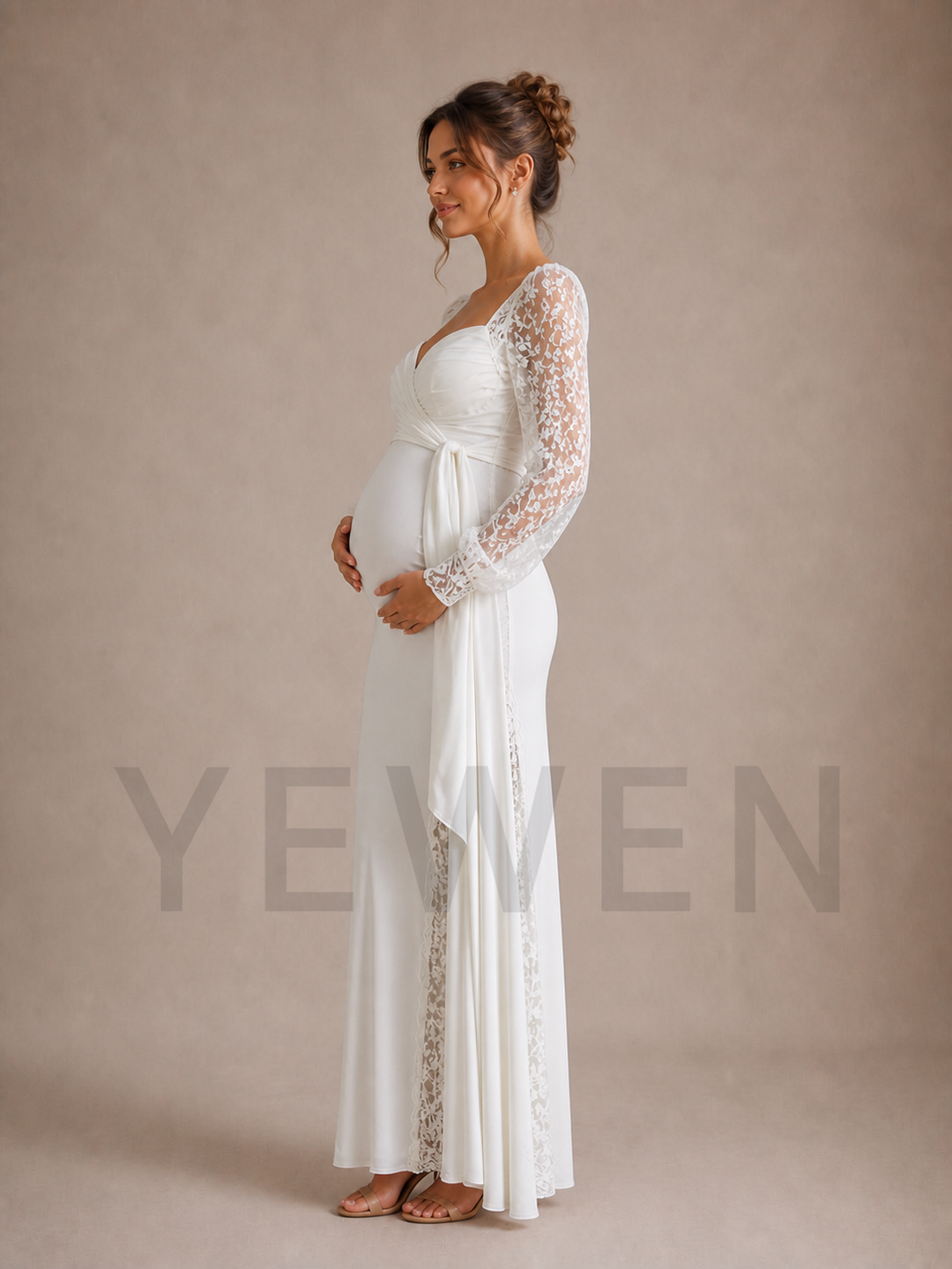 White Lace Sleeve Maternity Baby Shower Dress ZX011