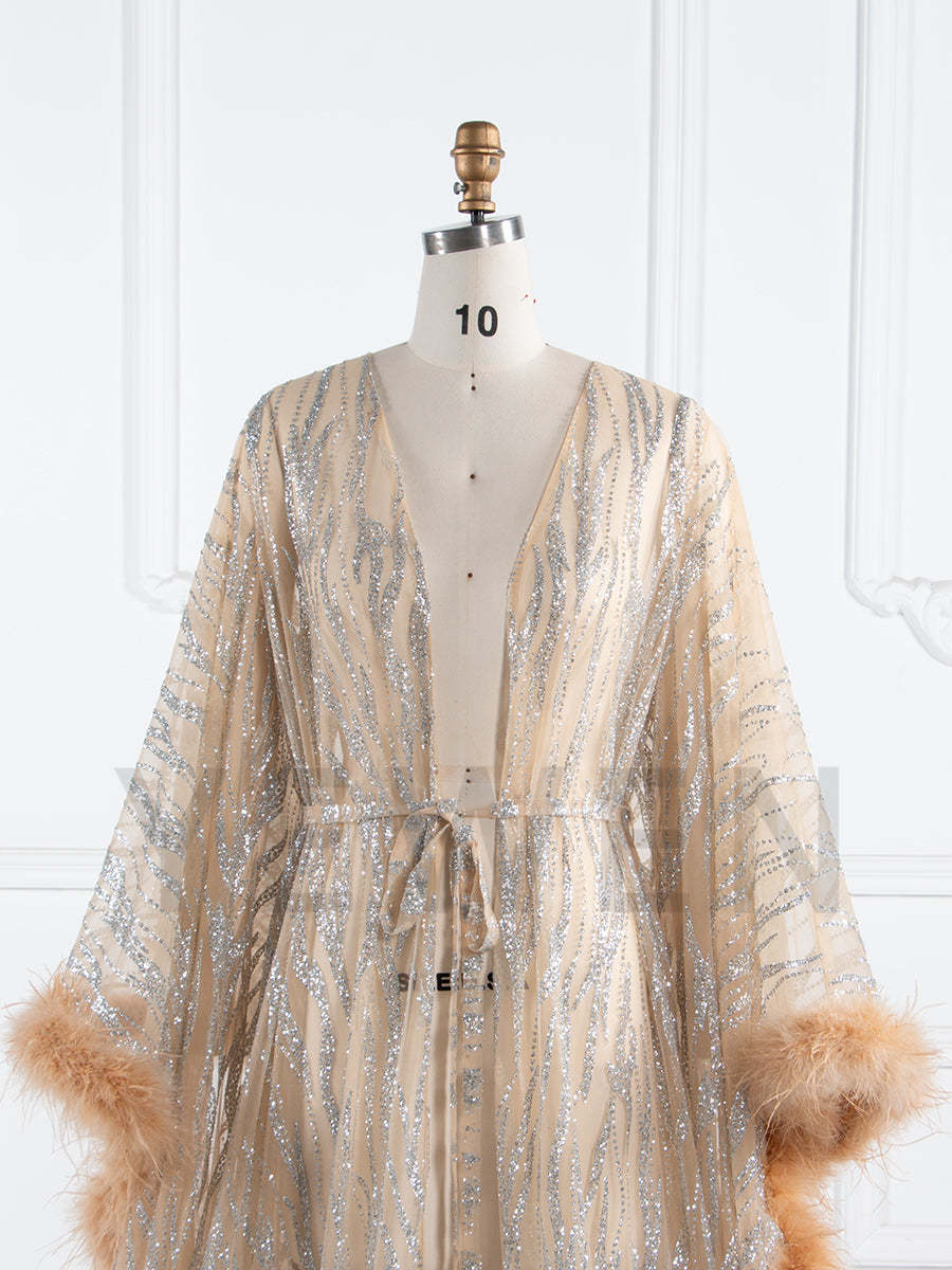Maternity Robe for Photoshoot with Feathers Trim Glitter Sequin Pregnancy Dress for Baby Shower Fancy Photoshoot Props YW250044