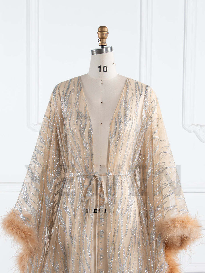 Maternity Robe for Photoshoot with Feathers Trim Glitter Sequin Pregnancy Dress for Baby Shower Fancy Photoshoot Props YW250044