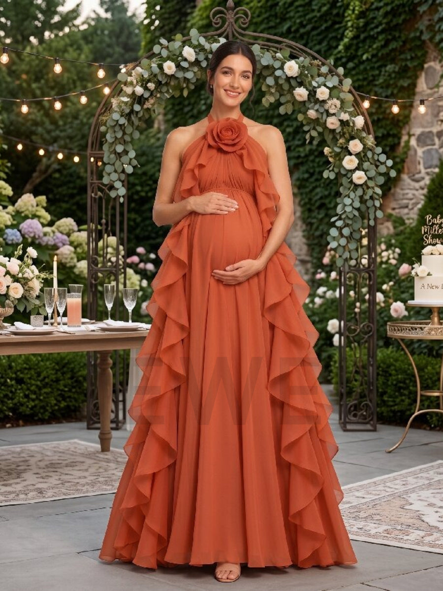 Halter 3D Rose Ruffle Chiffon Maternity Baby Shower Dress L-26941