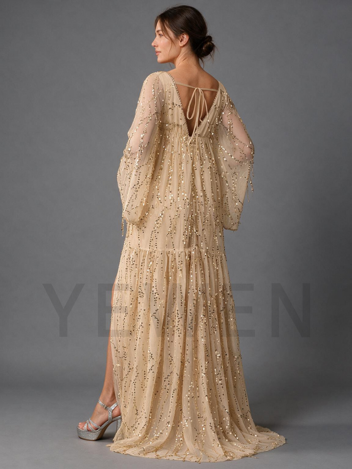 Champagne Sequin Maternity Baby Shower Dress with Flowy Sleeves