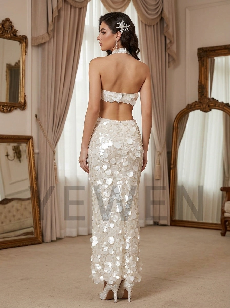 Halter Sequin Evening Dress with Cutout Waist and Long Skirt YD261001