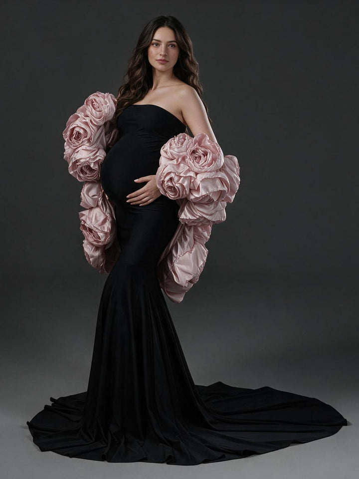 3D Floral Cape Strapless Mermaid Maternity Photoshoot Gown YW2610146