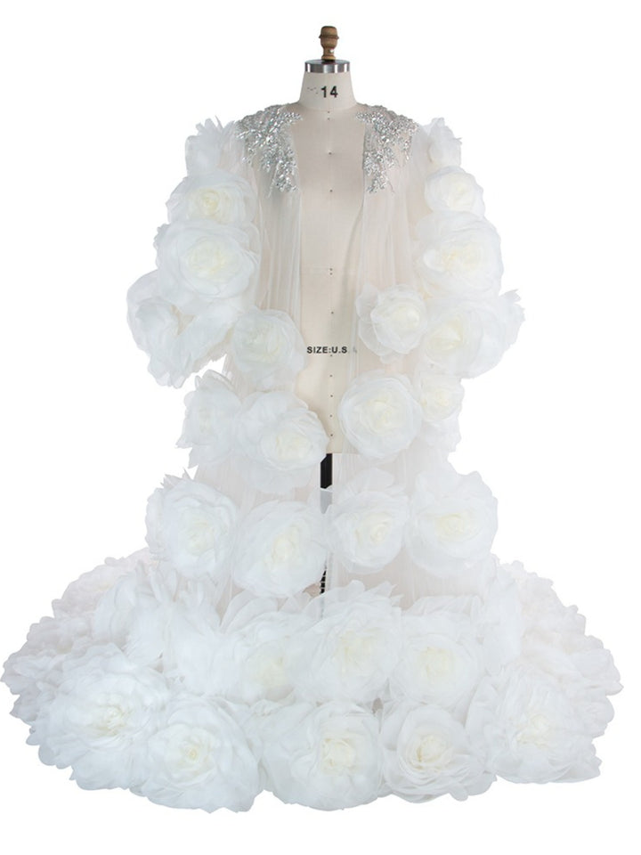White Bridal Robe Long Wedding Billowing Organza 3D Flower Bridal Robe for Wedding Day YW250022