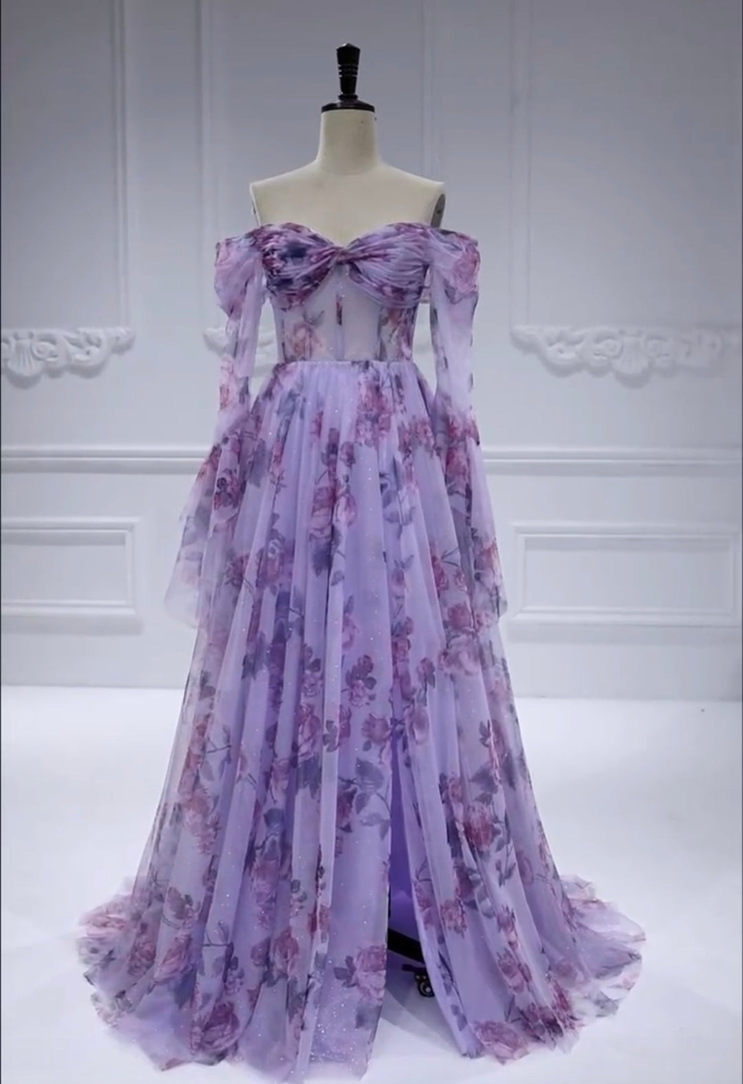Elegant Long Flare Sleeve A Line Prom Dresses Printing Tulle Photo Shoot Gown #18407 Elegant Long Flare Sleeve A Line Prom Dresses Printing Tulle Photo Shoot Gown #18407