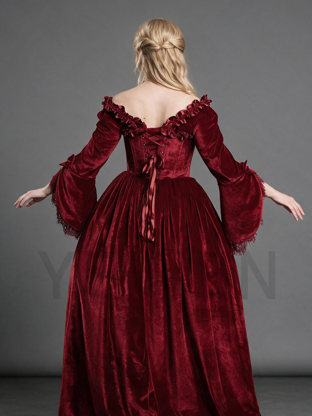 Burgundy Velvet Bell Sleeve Princess Dress for Christmas YW2610216
