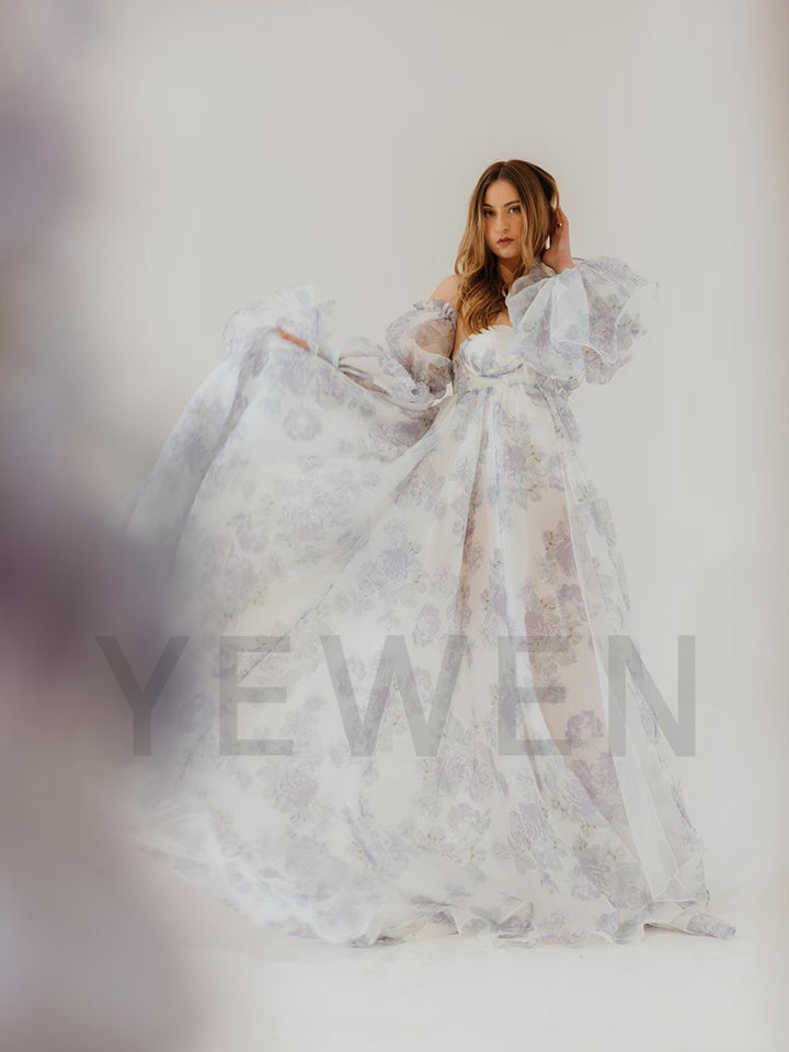 Printed Floral Organza Dresses Photoshoot Gown Side Leg Slit  YW221105-2
