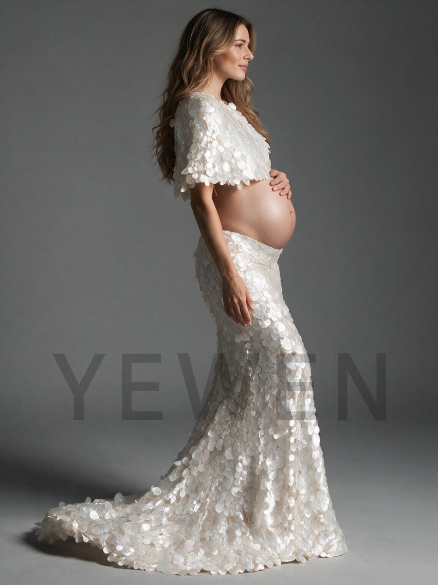 Two-piece Sequin Crop Top Maternity Gown for Photoshoot YW2610069
