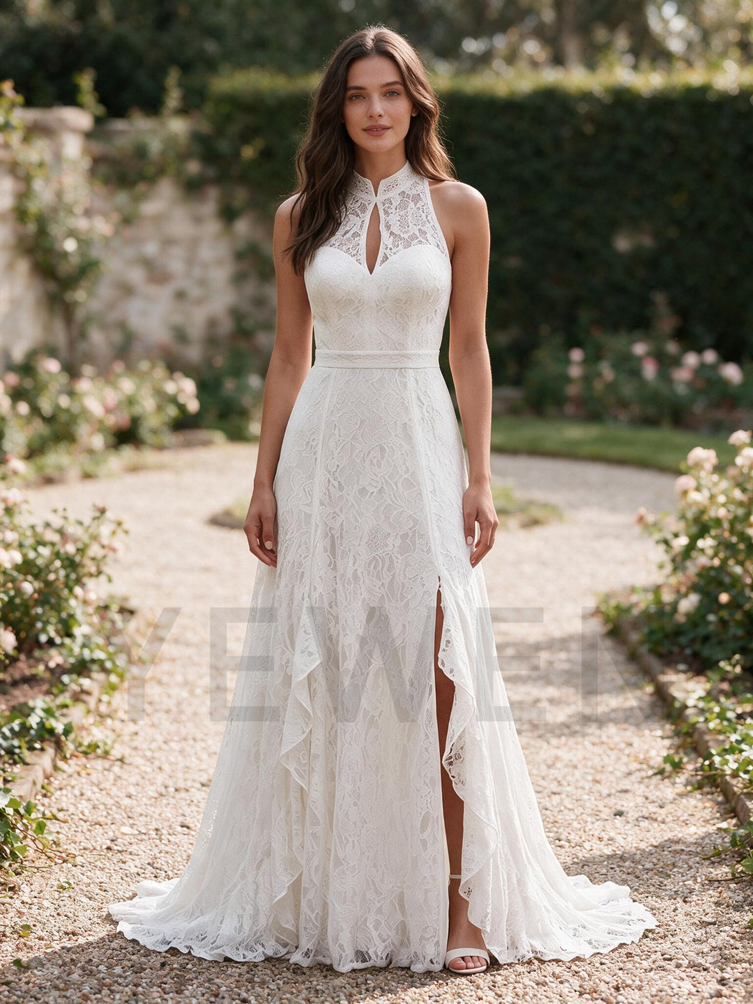Ivory Halter Neck Keyhole Cutout Lace Boho Wedding Dress