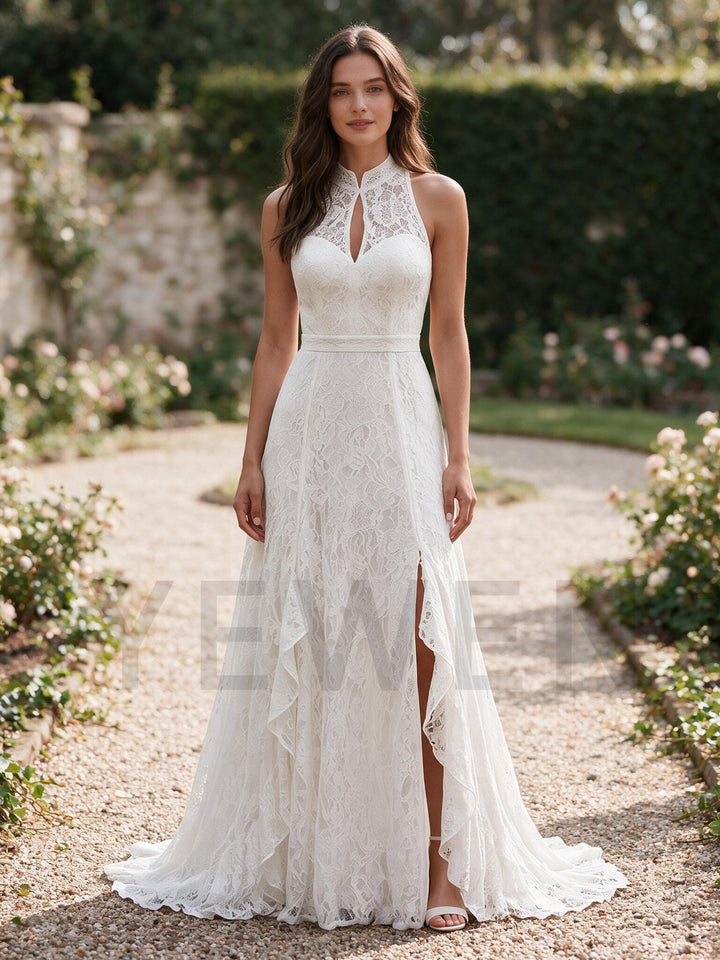 Ivory Halter Neck Keyhole Cutout Lace Boho Wedding Dress