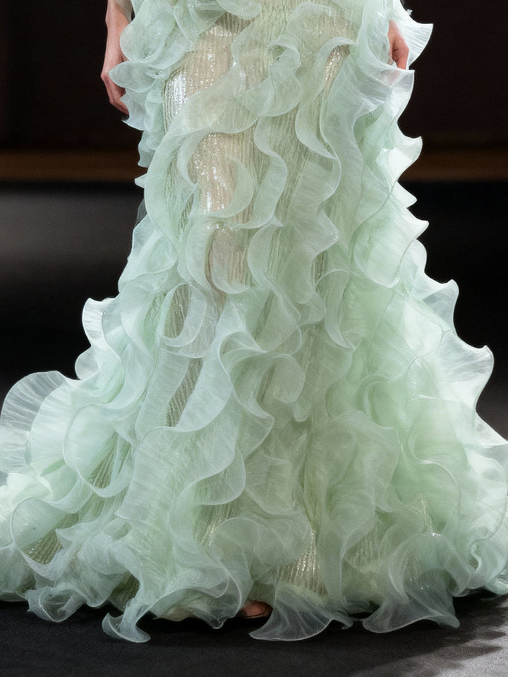 Elegant Pretty Green Women Evening Dress Lush Organza Ruffles Mermaid Gown