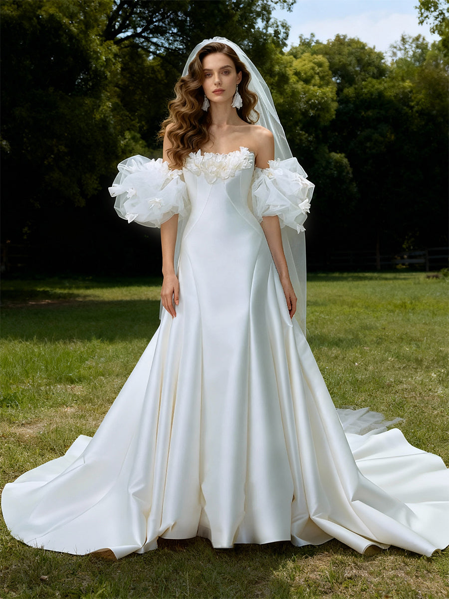 mermaid wedding dress with detachable sleeves T242022_Alluring Romantic Tulle Mermaid Gown with Strapless Sweetheart Neckline and Detachable Bishop Sleeves