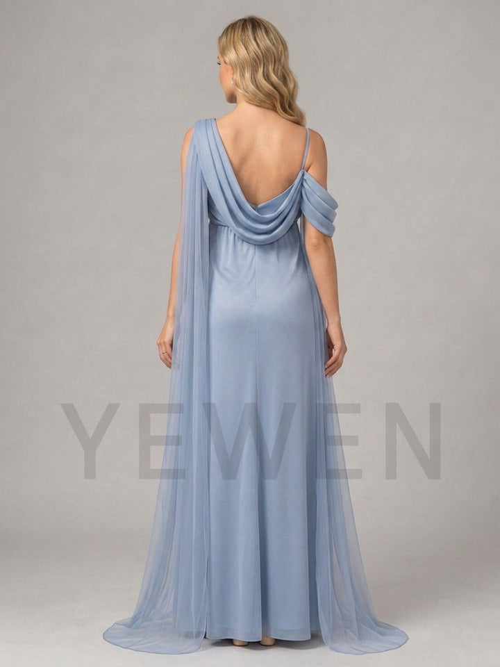 Blue One-Shoulder Maternity Baby Shower Dress with Sheer Cape L-26919