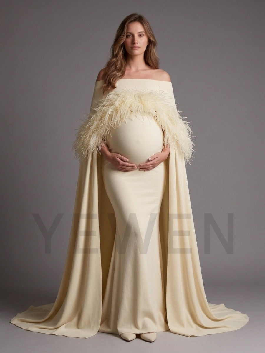 Off-Shoulder Feather Cape Pregnancy Dress for Baby Shower YW2609232