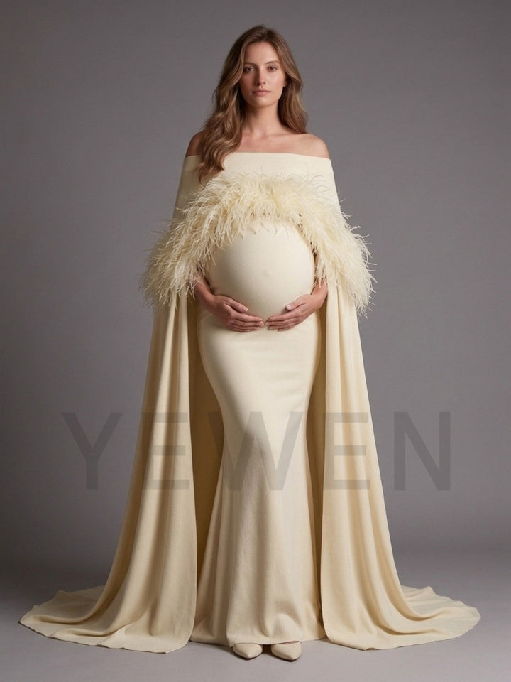 Off-Shoulder Feather Cape Pregnancy Dress for Baby Shower YW2609232