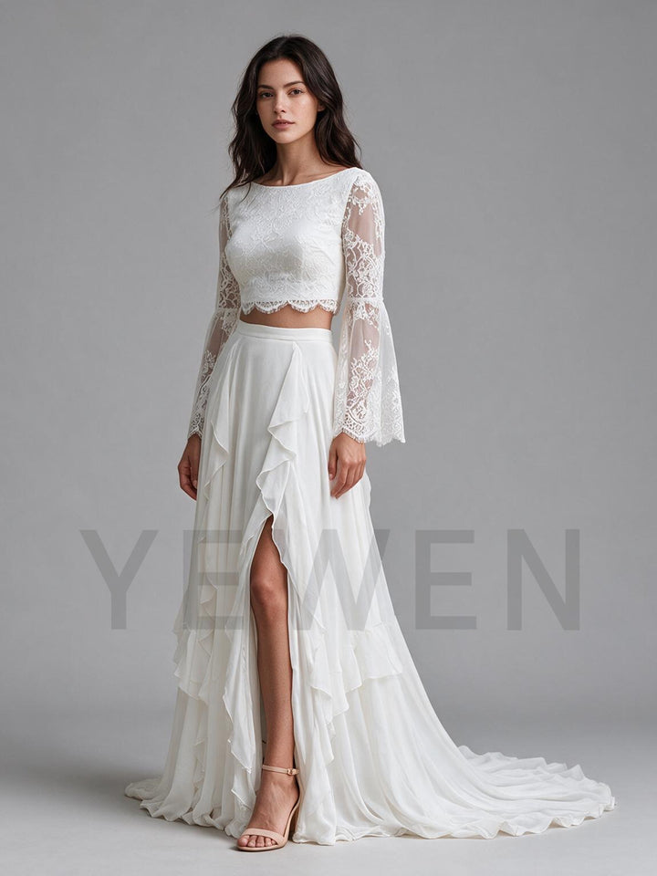 Ivory Two-Piece Lace Crop Top Sheer Bell Sleeves Boho Wedding Dress