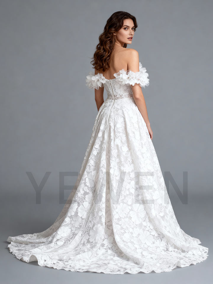 Romantic Off Shoulder Lace Wedding Dress Bridal Gown for Garden Wedding