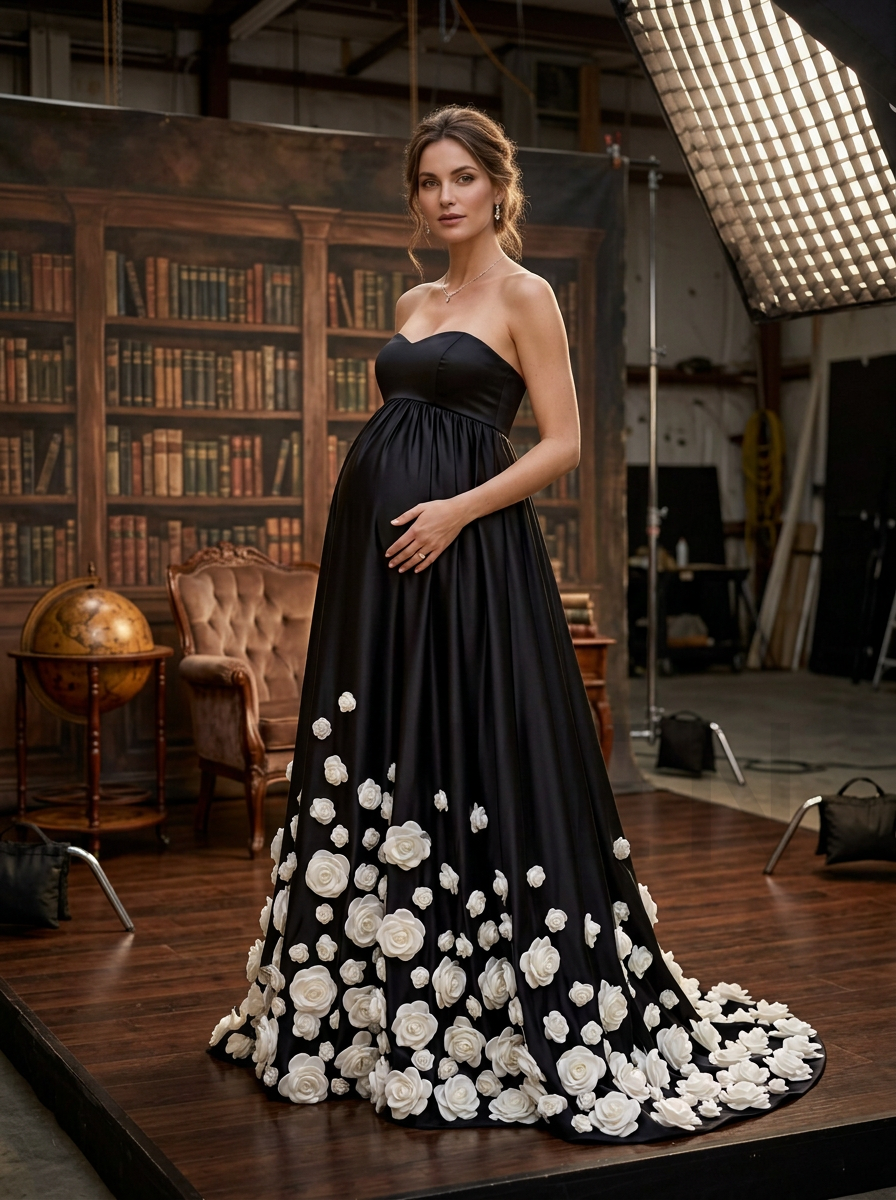 Gothic Black Strapless Satin Maternity Gown