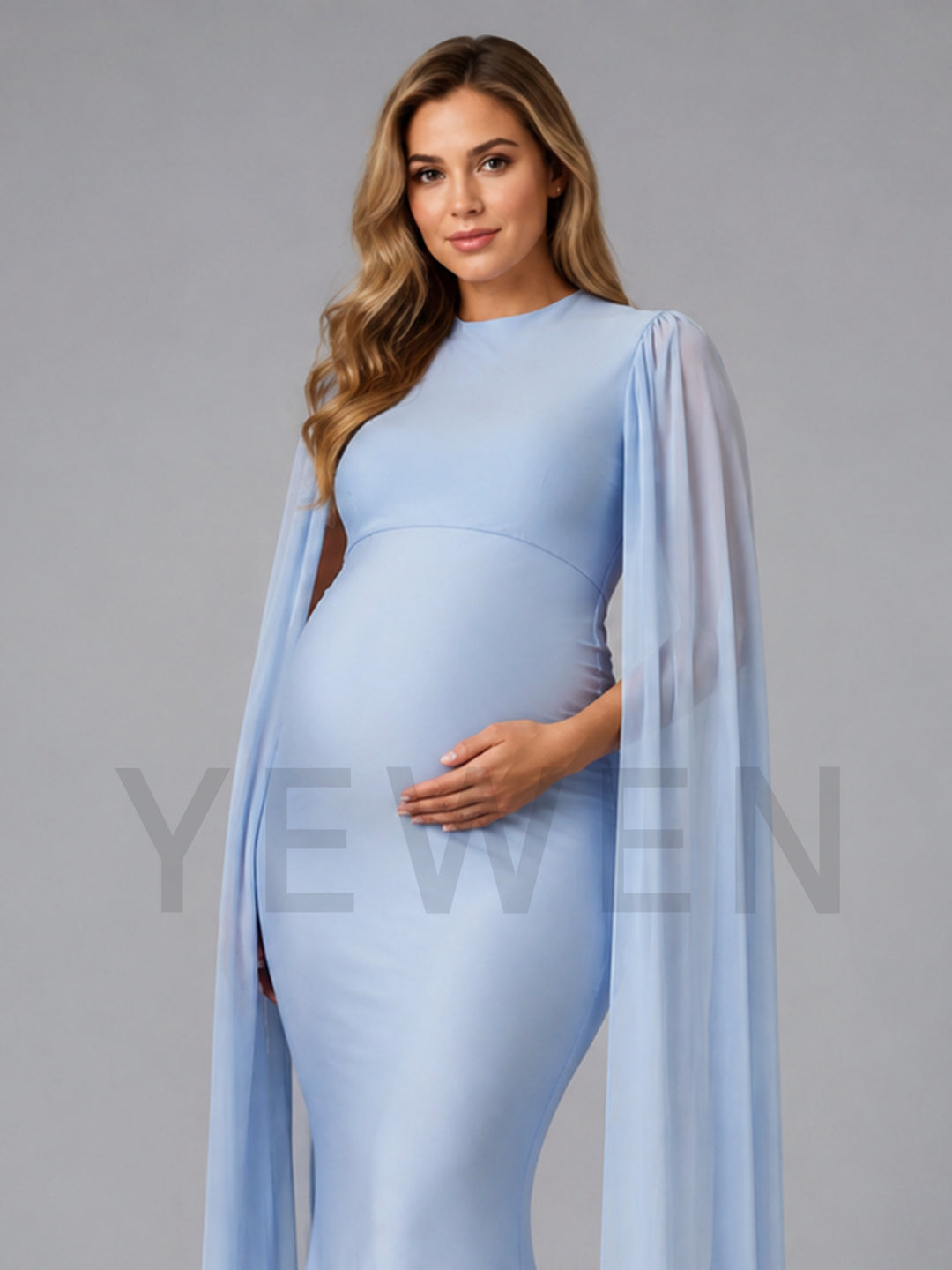 Light Blue Cape Sleeve Maternity Dress for Baby Shower