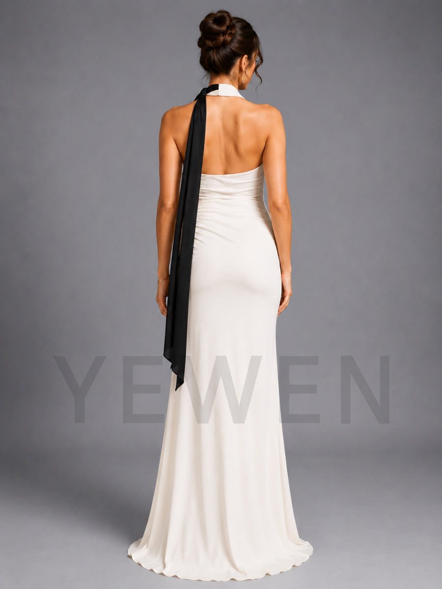 Ivory Halter Black Draped Maternity Baby Shower Dress L-26929