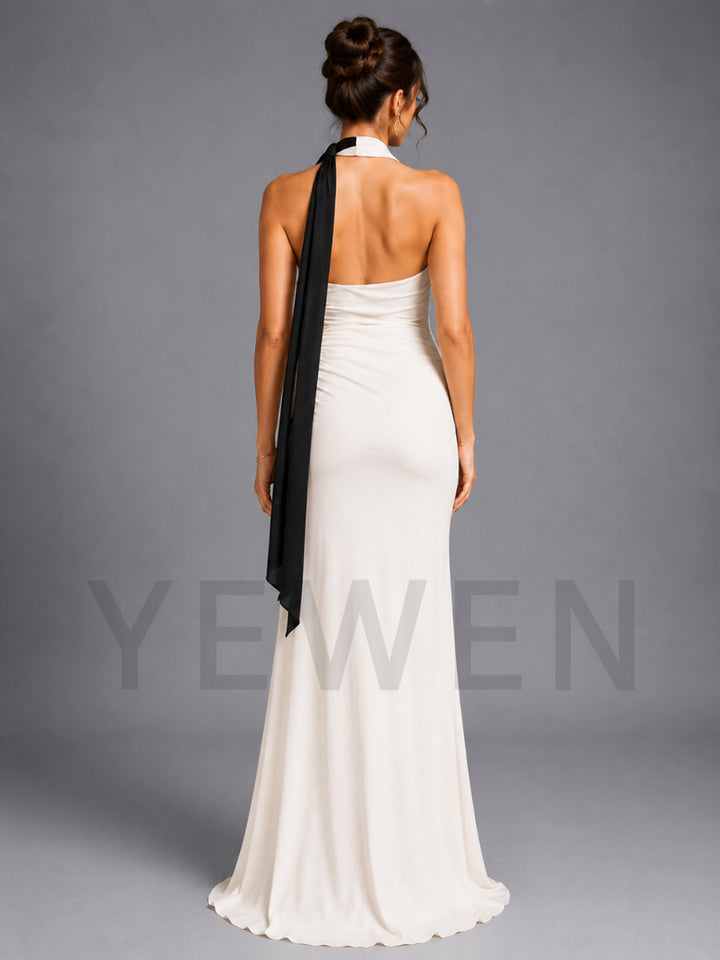 Ivory Halter Black Draped Maternity Baby Shower Dress L-26929