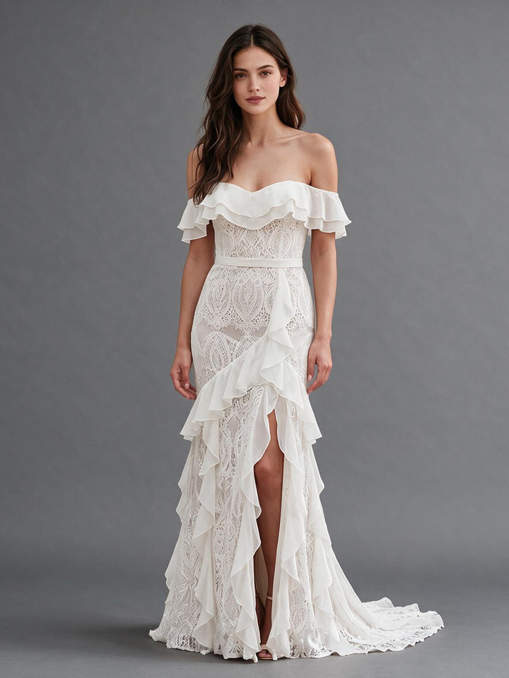 Ivory Off-Shoulder Ruffle Neckline Fitted Lace Boho Wedding Dress
