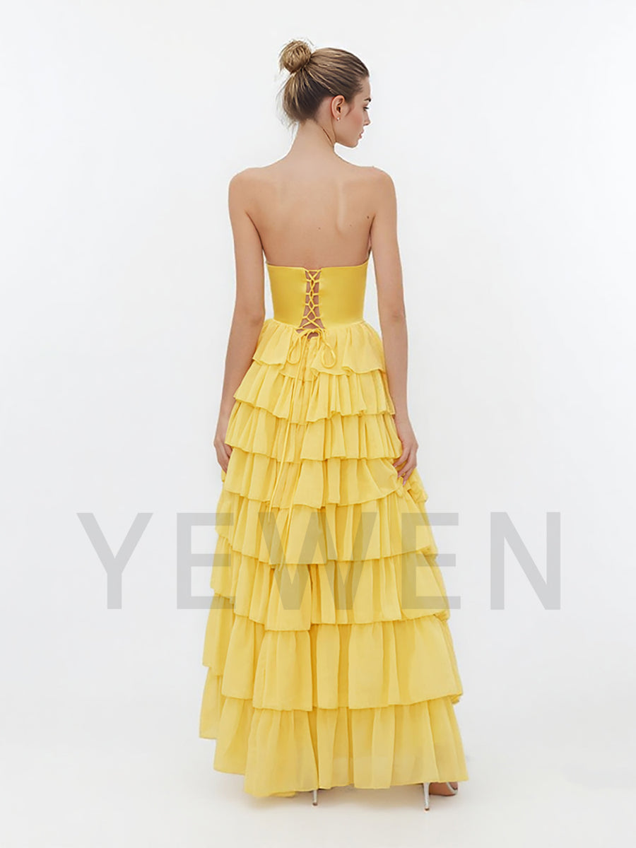 A Line Tiered Prom Dress V Neck Evening Dress Side Slit Formal Party Gown