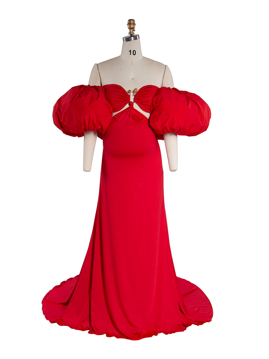 Stretch Mermaid Maternity Photoshoot Dress Puffy Sleeve Baby Shower Gown YW251024