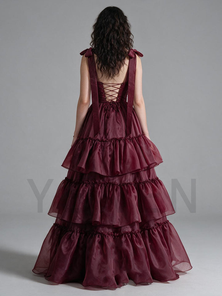 Burgundy Bow Strap Corset Tiered Ruffle Christmas Dress YW2610088