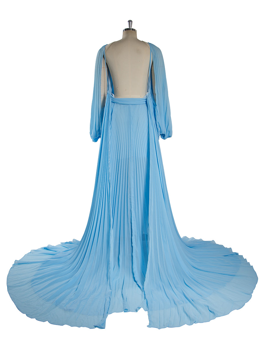 Flowing Pleated Blue Maternity Gown for Photoshoot Elegant Off Shoulder Pregnancy Dress with Long Train YW250071