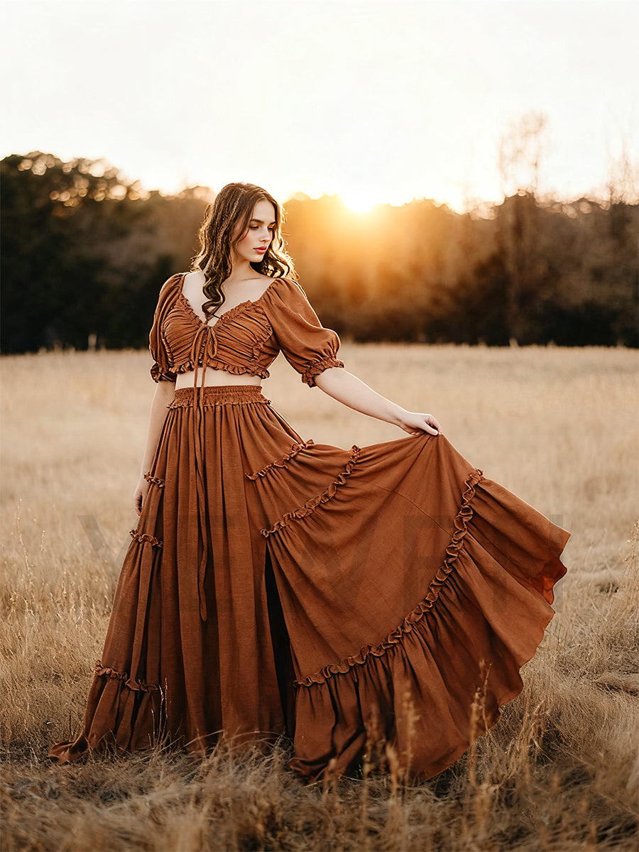 2 Pieces Set Maxi Dresses Half Sleeves Two Side Slit Photo Shoot Dresses Fancy Photography Props YEWEN YW231021