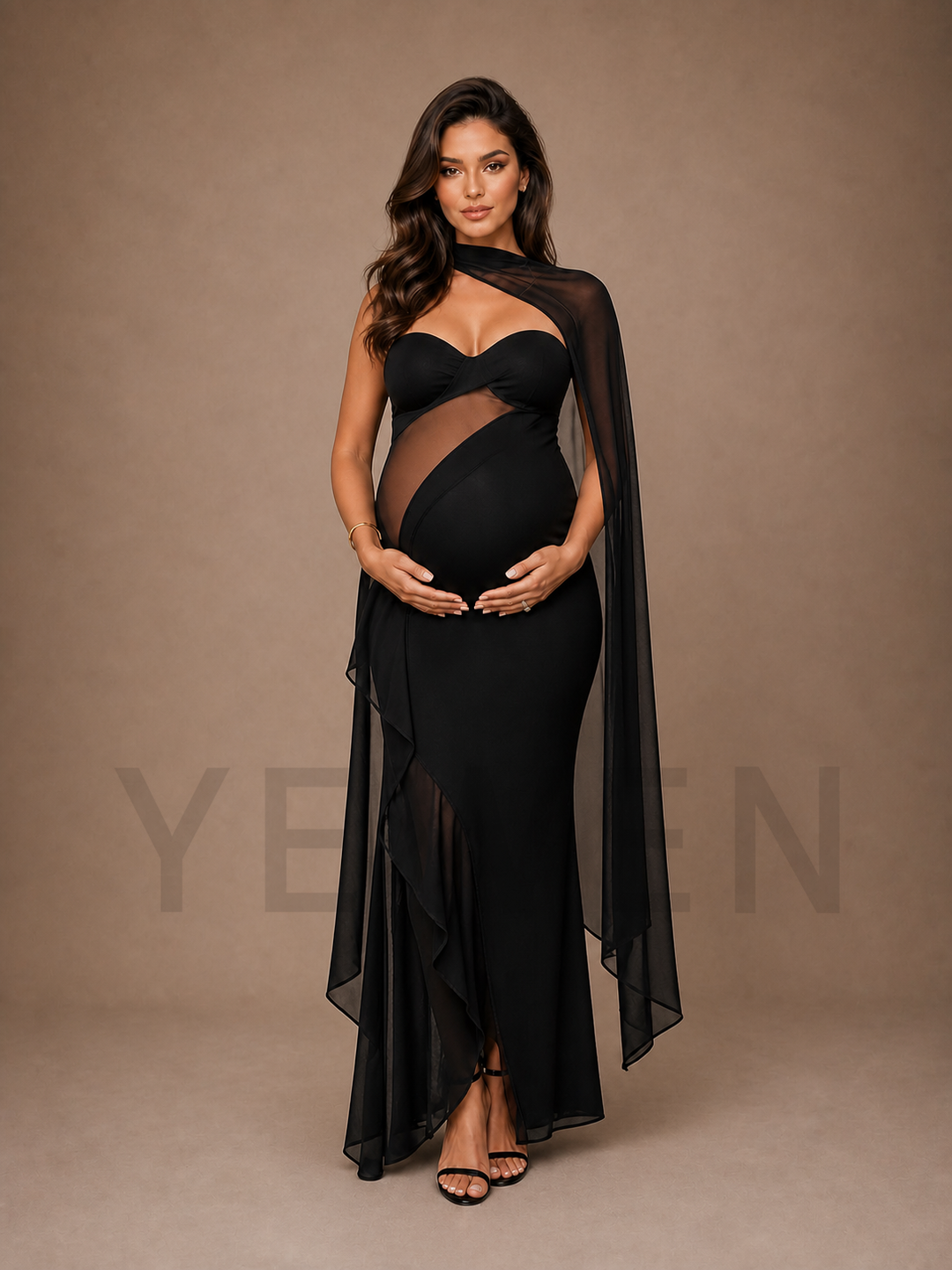Black Cutout Maternity Baby Shower Dress with Sheer Mesh Cape Overlay ZX019