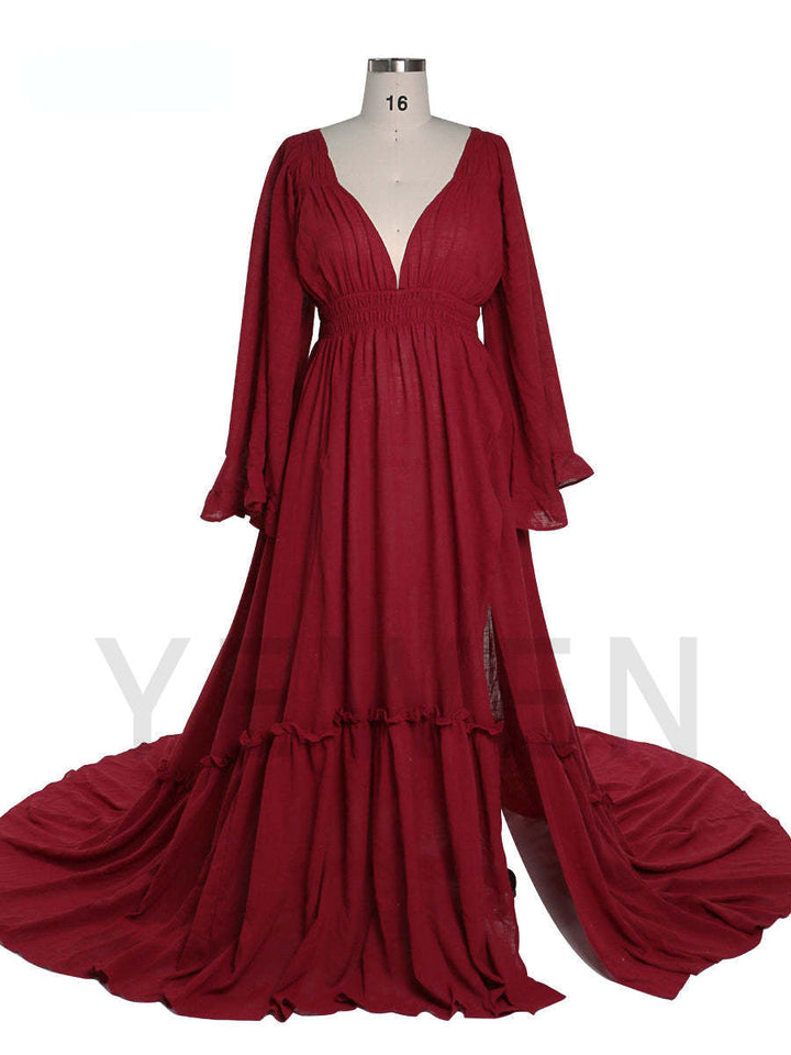 V Neck Maternity Dresses for Photo Shoots Adjustable Waist Photography Pregnancy Dress for Baby Shower YEWEN  YD211230-1