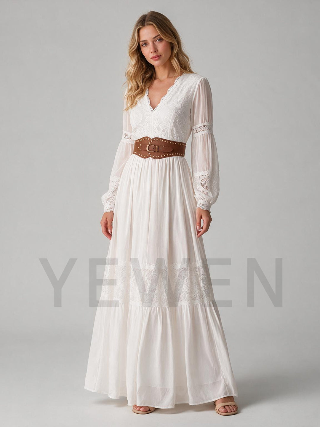 Ivory V-Neck Long Sleeve Boho Wedding Dress with Brown Belt