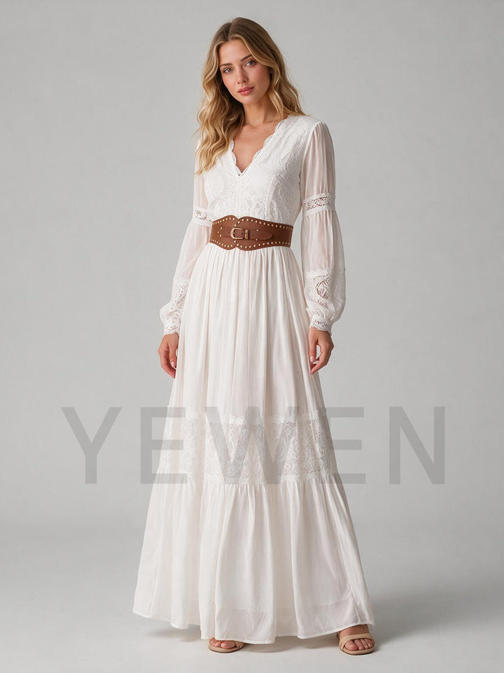 Ivory V-Neck Long Sleeve Boho Wedding Dress with Brown Belt