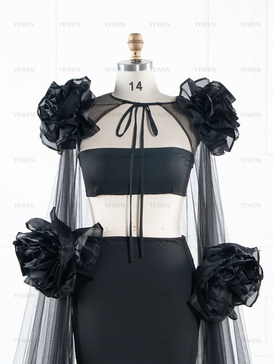 Dramatic Black Maternity Dress Photoshoot Big Flower Cape 3 Piece Set Baby Shower Dress YW250087