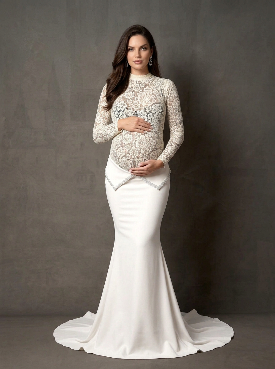 Ivory Mock Neck Sheer Lace Mermaid Maternity Photoshoot Gown YD260927