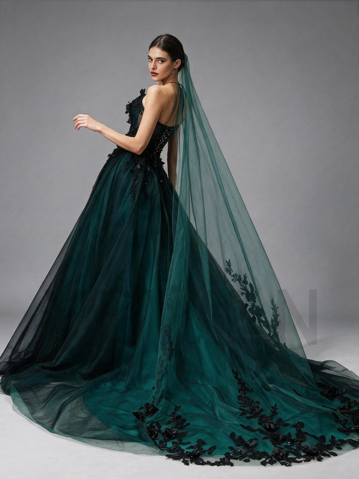 Dark Green 3D Floral Off-Shoulder Long Sleeve Lace Evening GownYX26108