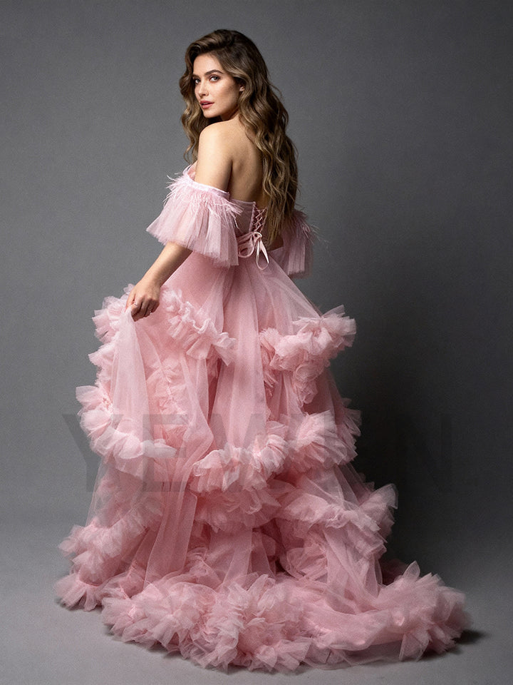 Light Pink Ruffles Tulle Maternity Dress for Photoshoot Baby Shower