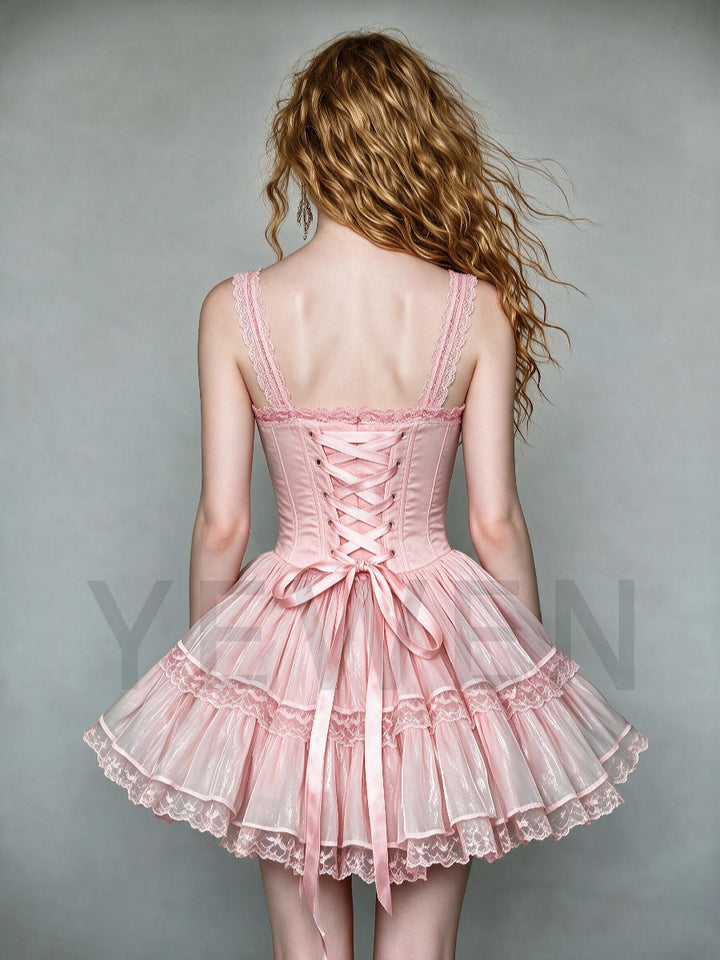Pink Lace Strap 3D Floral Corset Mini Princess Dress WT268014