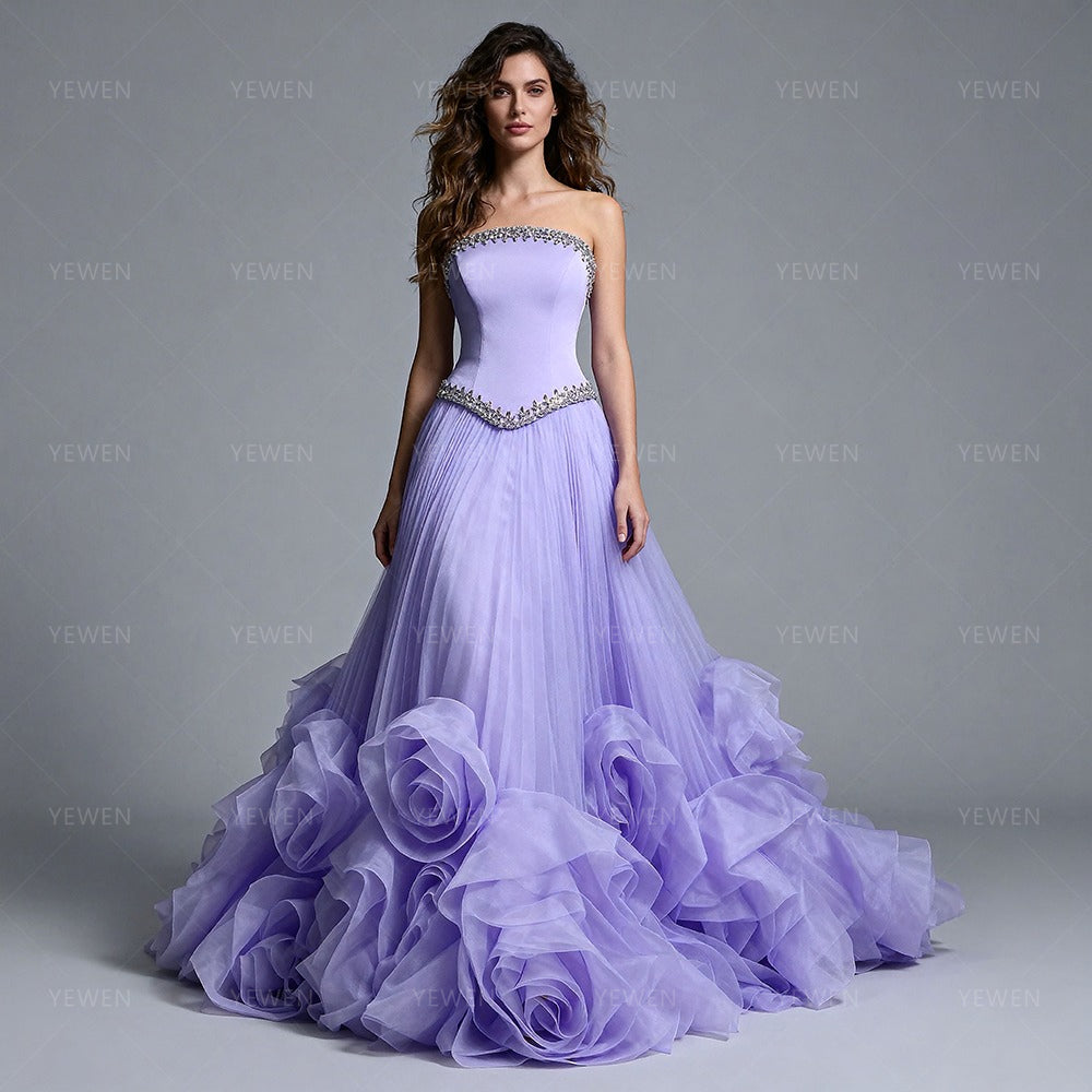 Lavender Strapless Evening Dress with 3D Oversized Floral Women's Formal Gowns