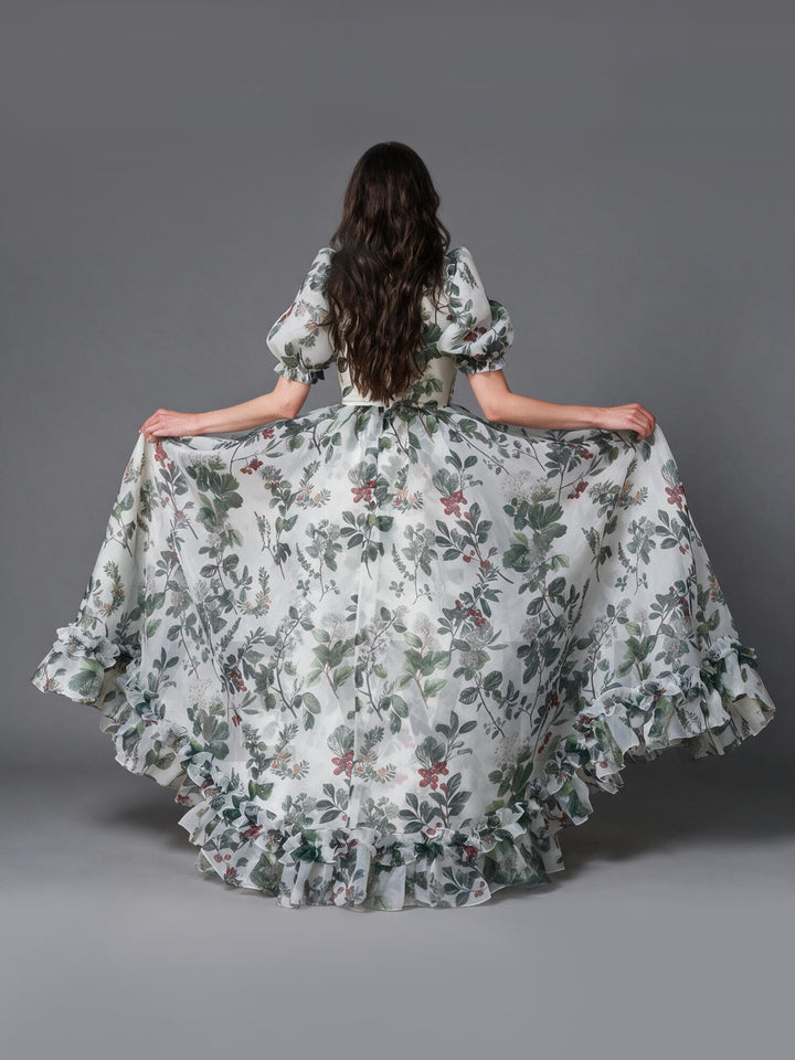 Cream Green Botanical Floral Puff Sleeve Princess Dress YW2610162