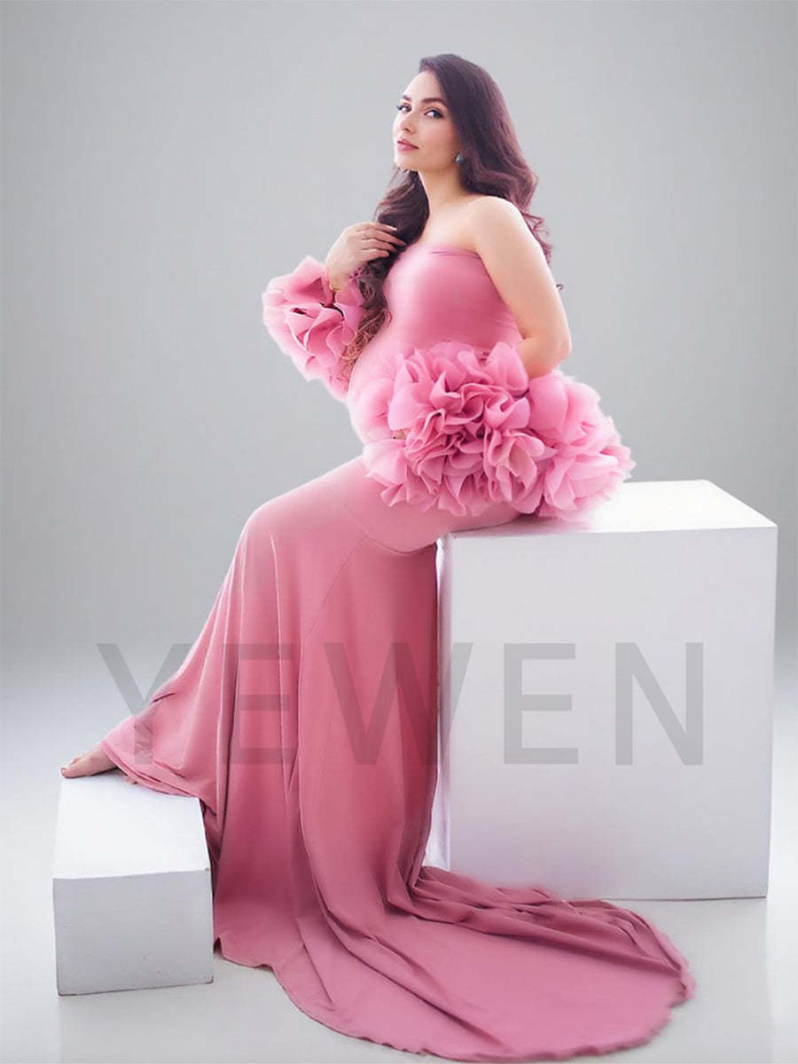 pink stretchy dress Pink Maternity Dress with Floral Wraps Stretchy Maternity Dress Photoshoot Pregnancy Dress Shoot YW251012 26W / Picture Color