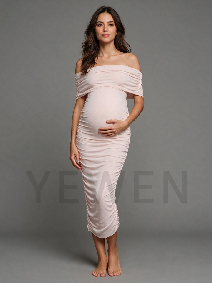 Off-Shoulder Ruched Body Maternity Dress for Baby Shower