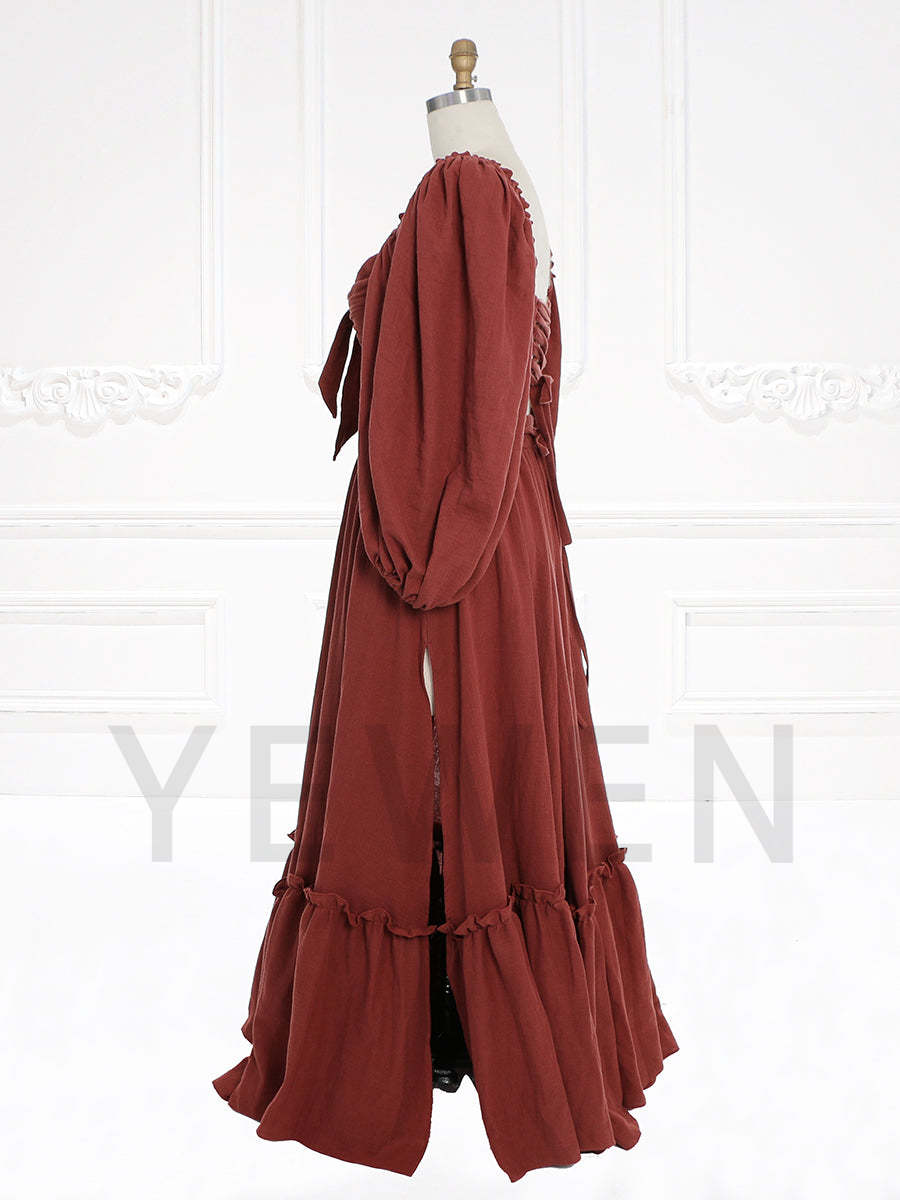 Long Sleeves Adjust Back Woman Cotton Maxi Dress Photoshoot Dresses Outfit YW231113