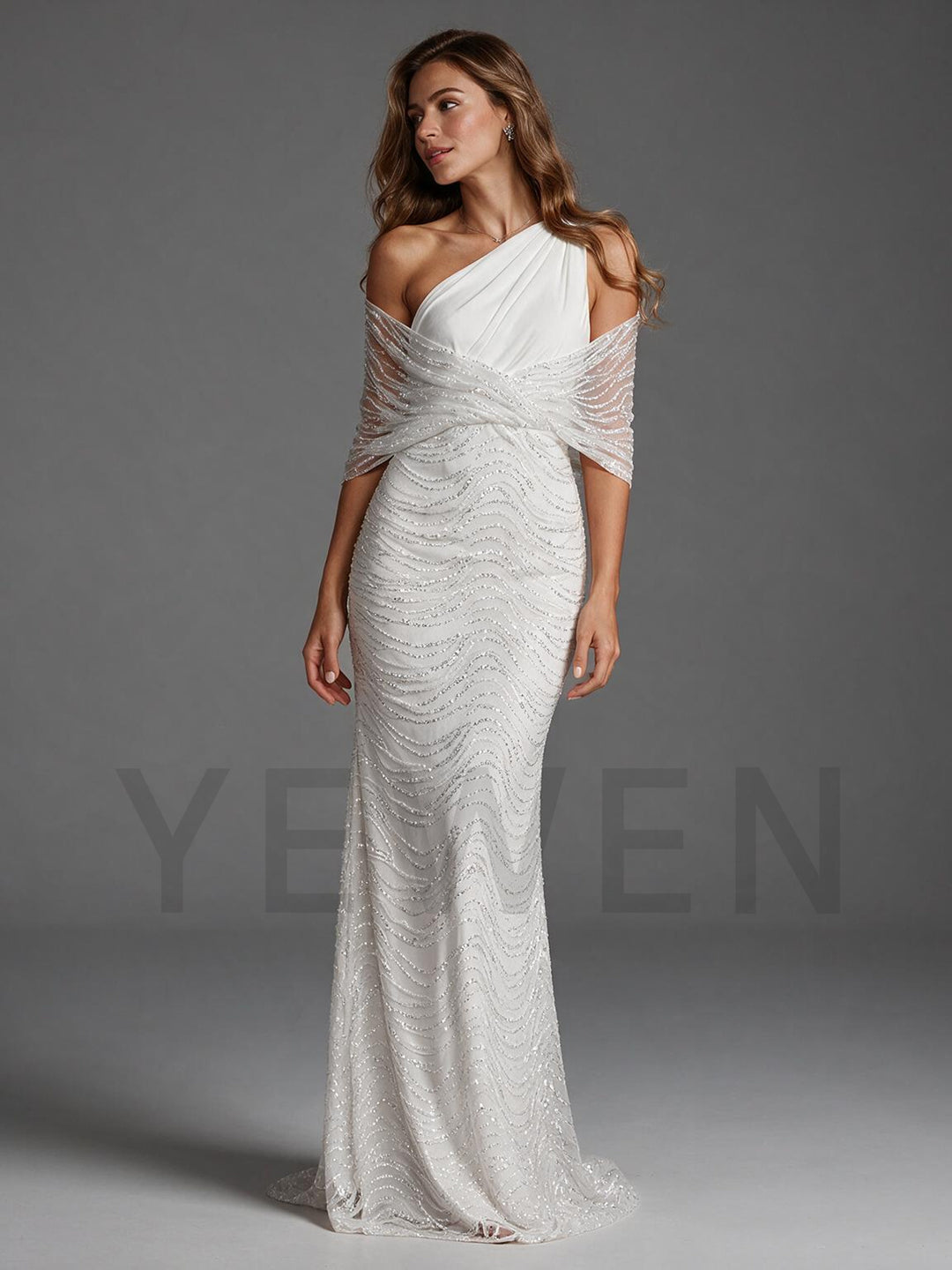 Ivory One-Shoulder Sparkly Wedding Dress with Mermaid Beaded Skirt