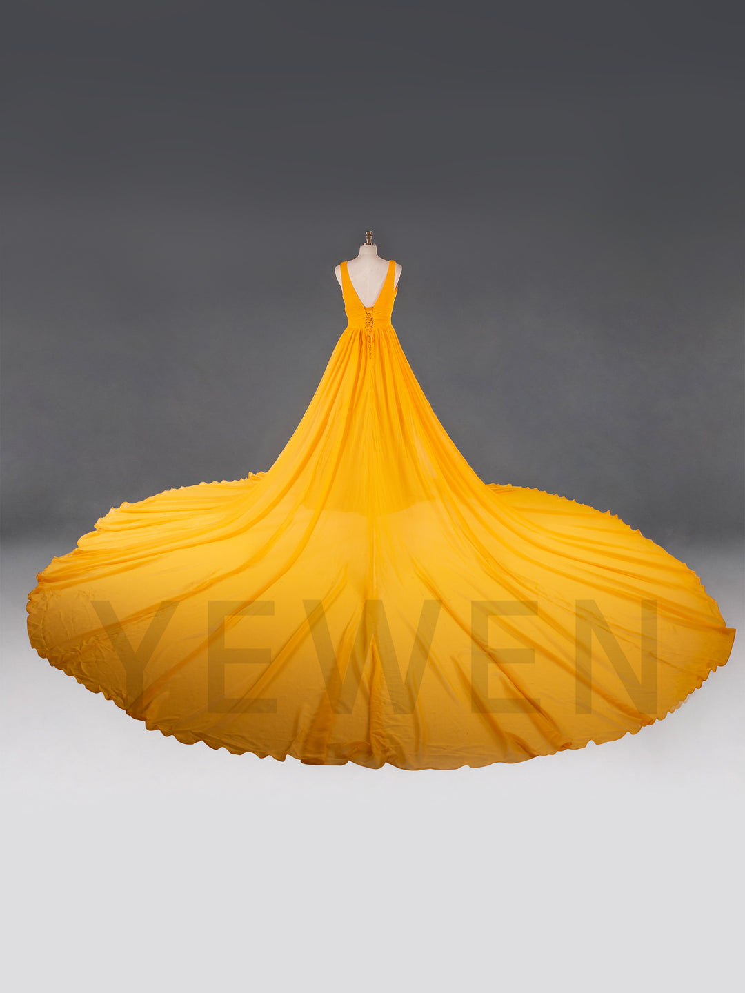 Flowy Yellow Flying Dress for Photography Flying Gown with Endless Train YW260326